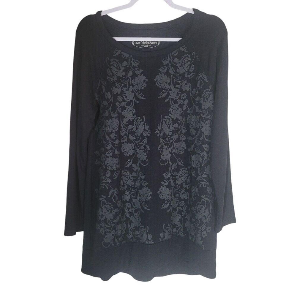 Soma Live Loung Wear Floral Tunic Sweatshirt Women's Size Medium Black Soft Cozy
